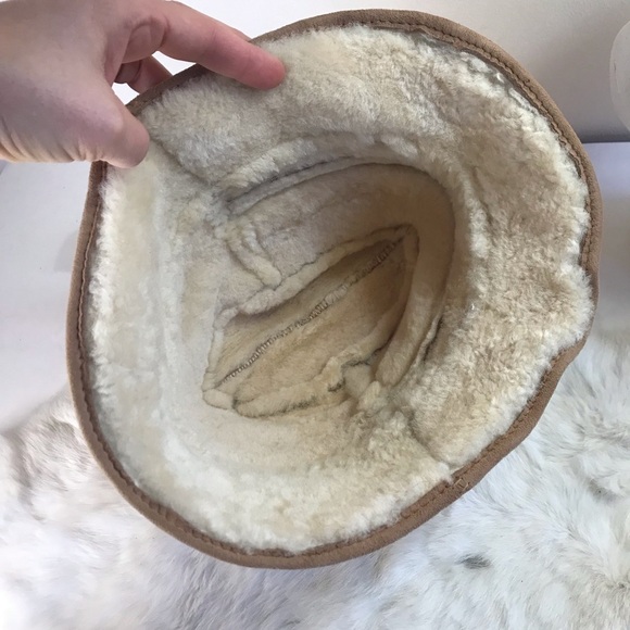 Vintage 70s Shearling Suede Bucket Hat Real Fur Beige Tan Unisex Men Women - Picture 12 of 13